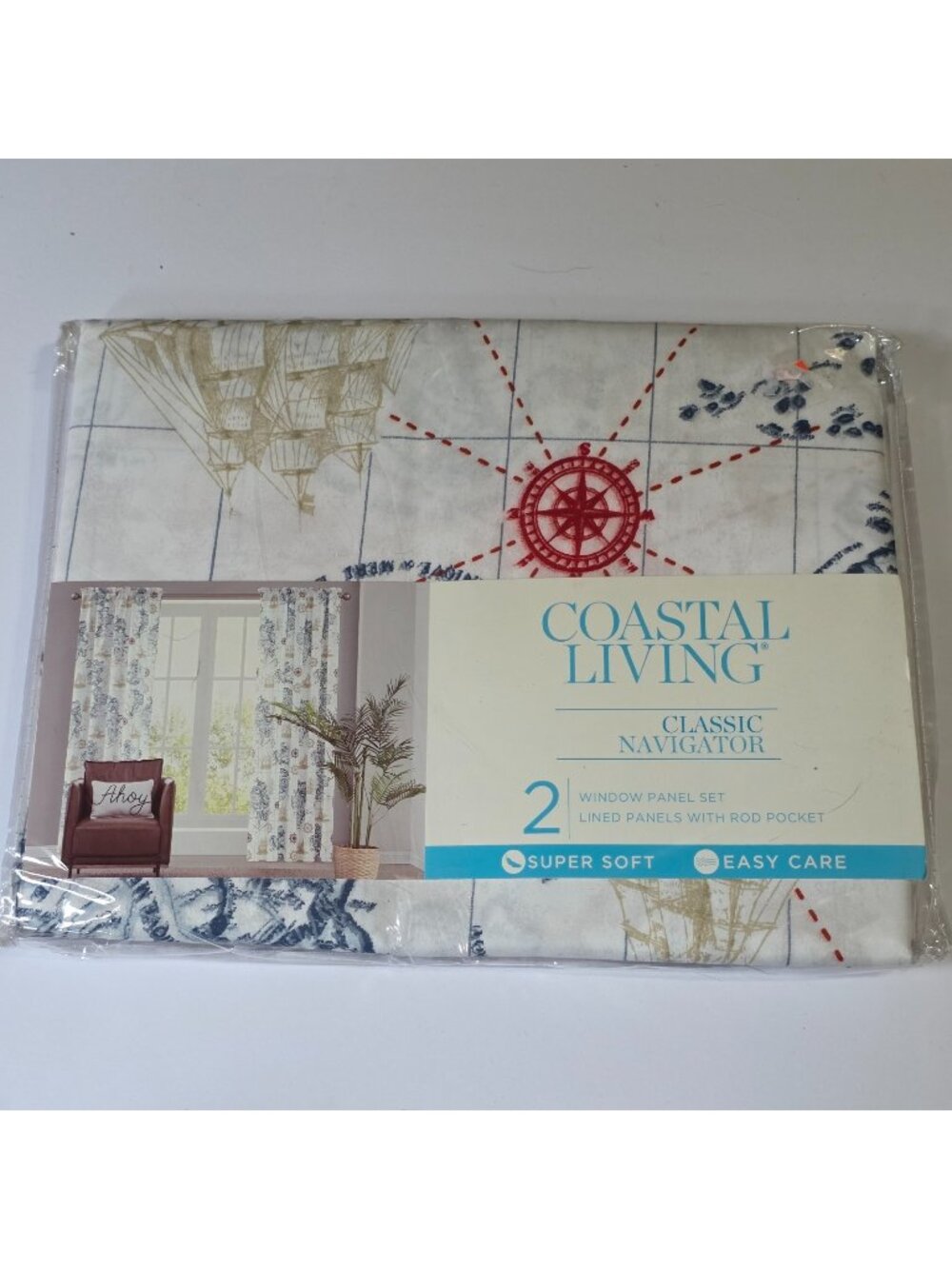 Coastal Living Classic Navigator Window Panel Set Lined Rod Pocket Beach Cruise